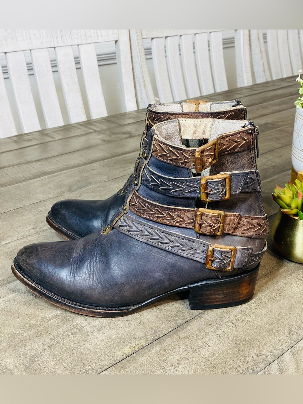 Freebird by Steven Roper Leather Ankle Boots Multi Strap Buckle Gray Brown Sz 8